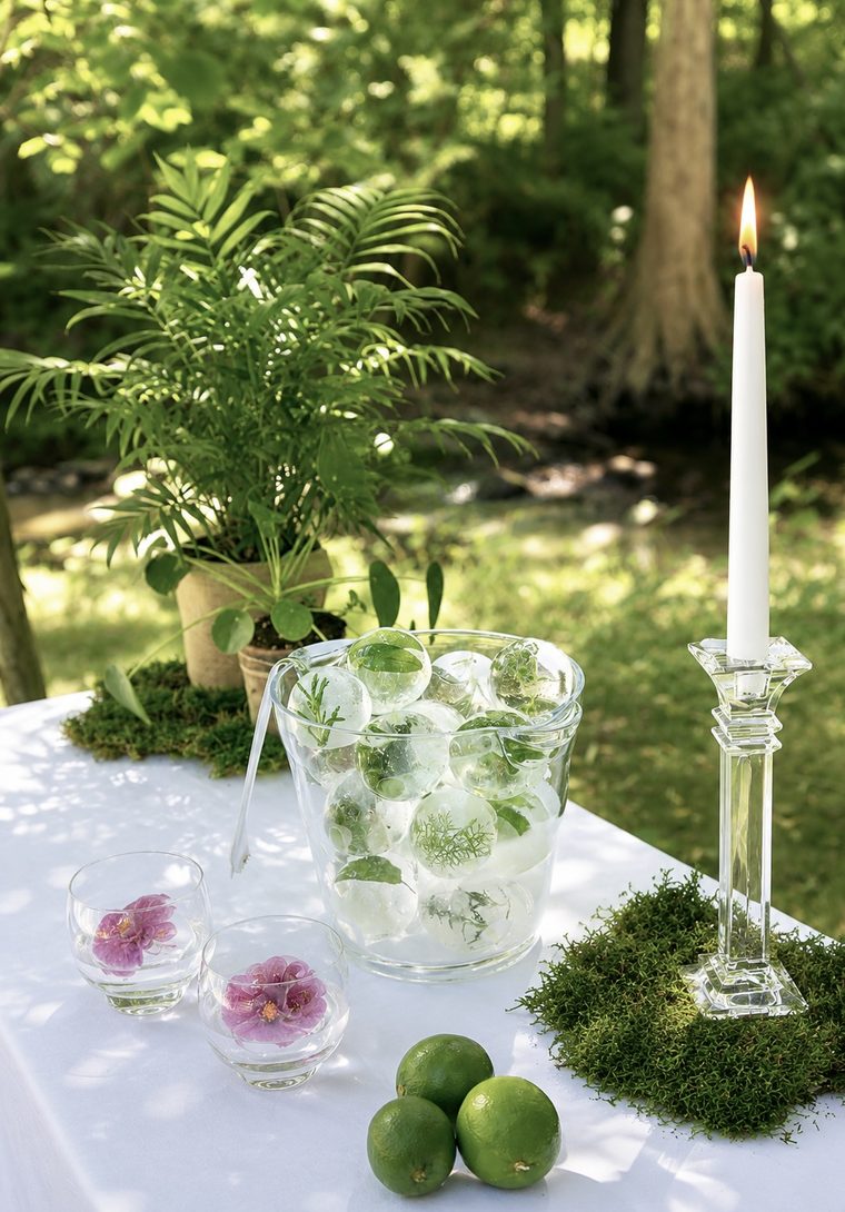 An ice bucket of clear-ice spheres set with greenery, with flower-set glasses and limes on a garden table.