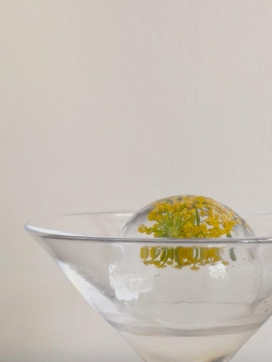 A clear sphere set with a delicate yellow fennel flower, resting on the rim of a vintage martini glass.